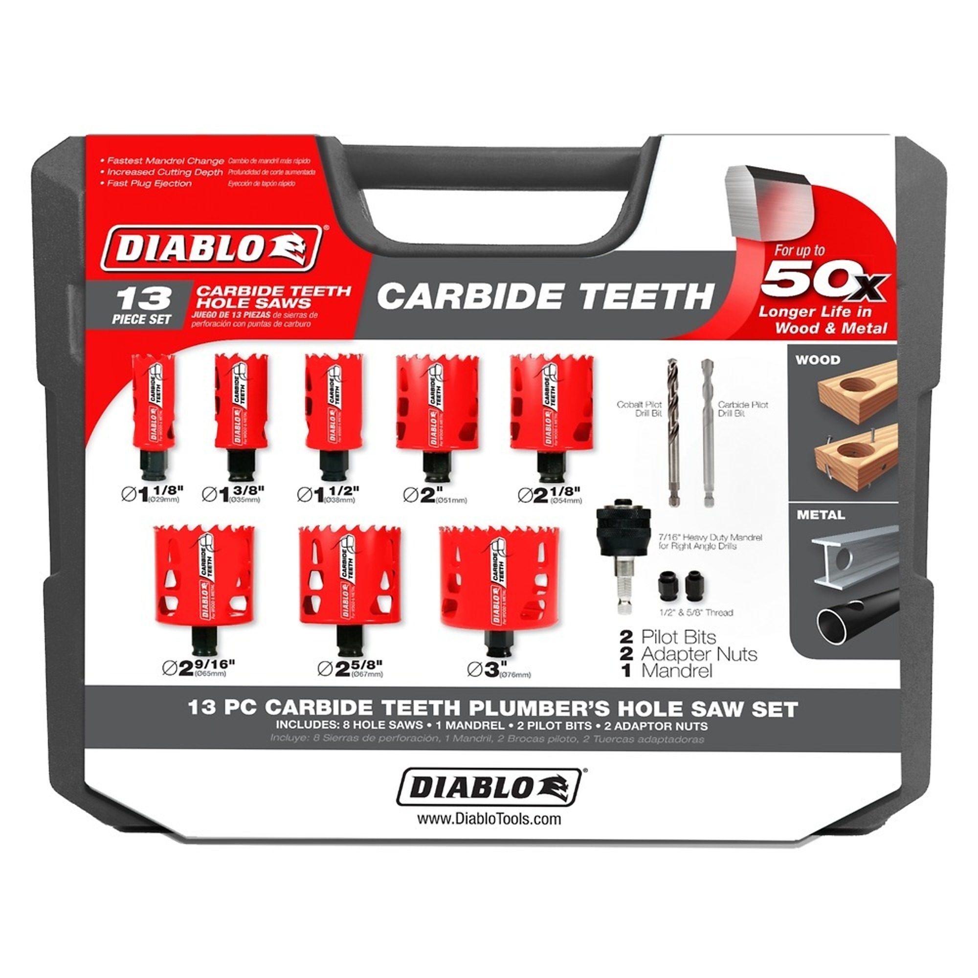 Diablo Tools Carbide Plumbers Hole Saw Set - 13-Piece, SnapLock Plus Mandrel, Variable Tooth Design, Model# DHS13SPLCT